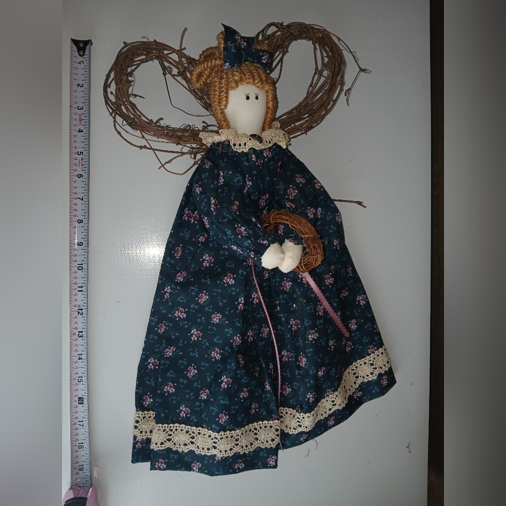 Vintage Handmade Angel Doll W/Grape Vine Wings Primitive Country